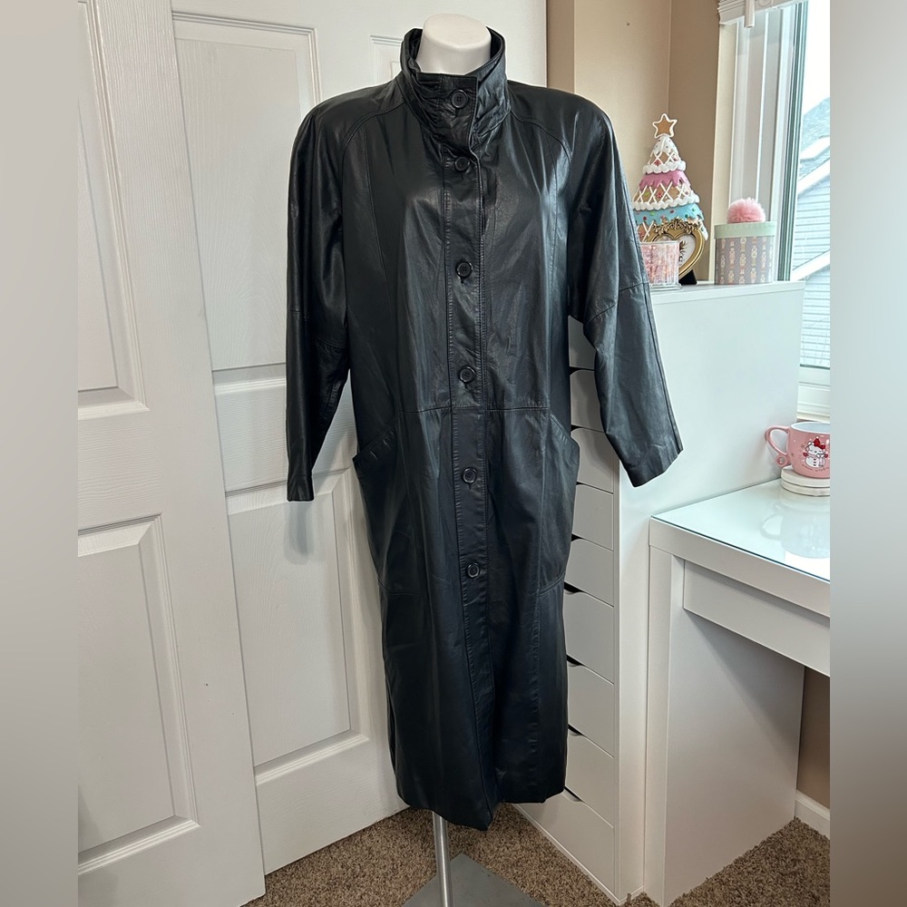 Pelle Black Leather Long Coat Vintage